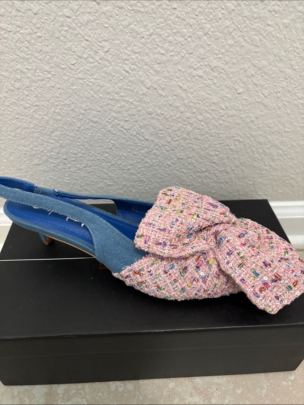 Pink Tweed Bow Slingback Kitten Heels
